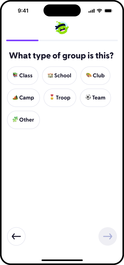 Generalized onboarding group type selection screen
