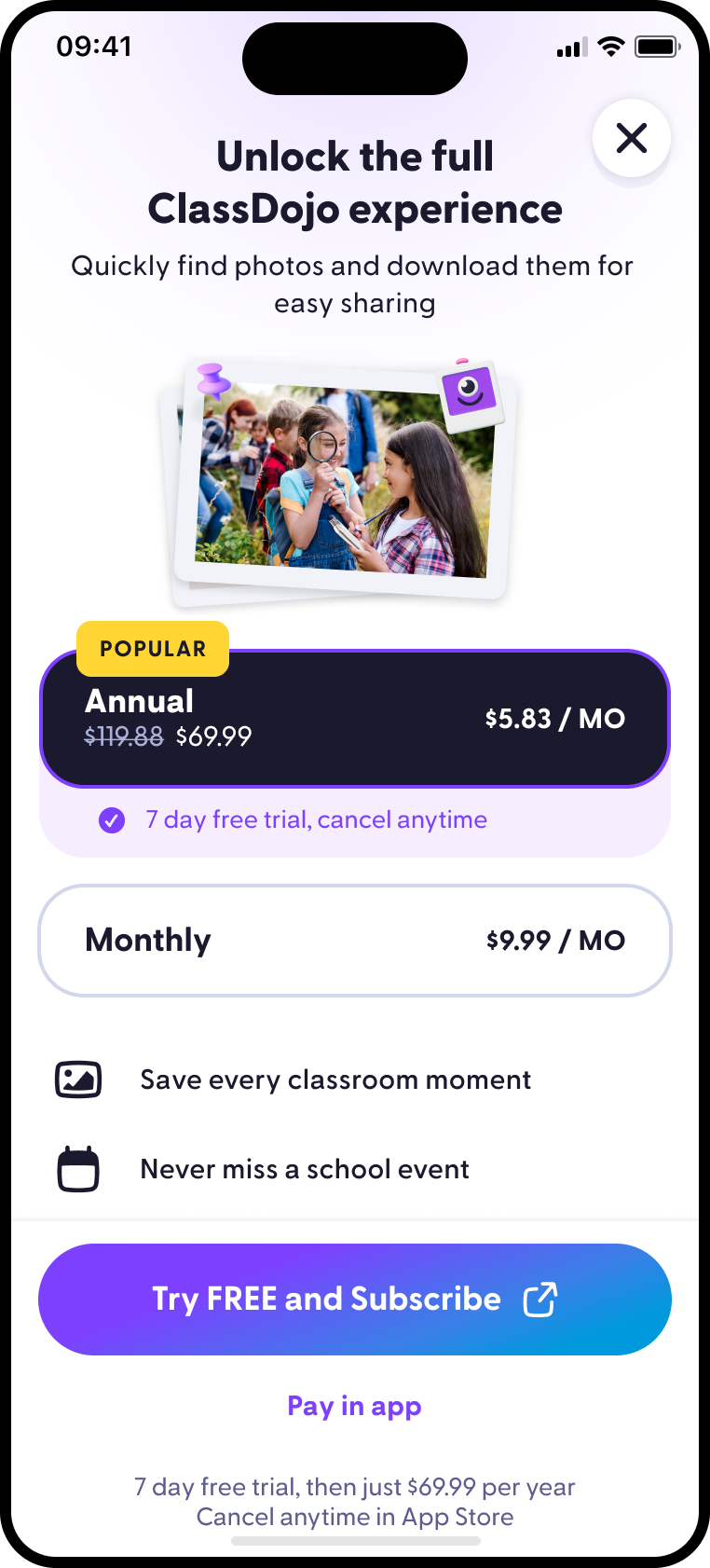 Memories Stripe checkout subscription screen