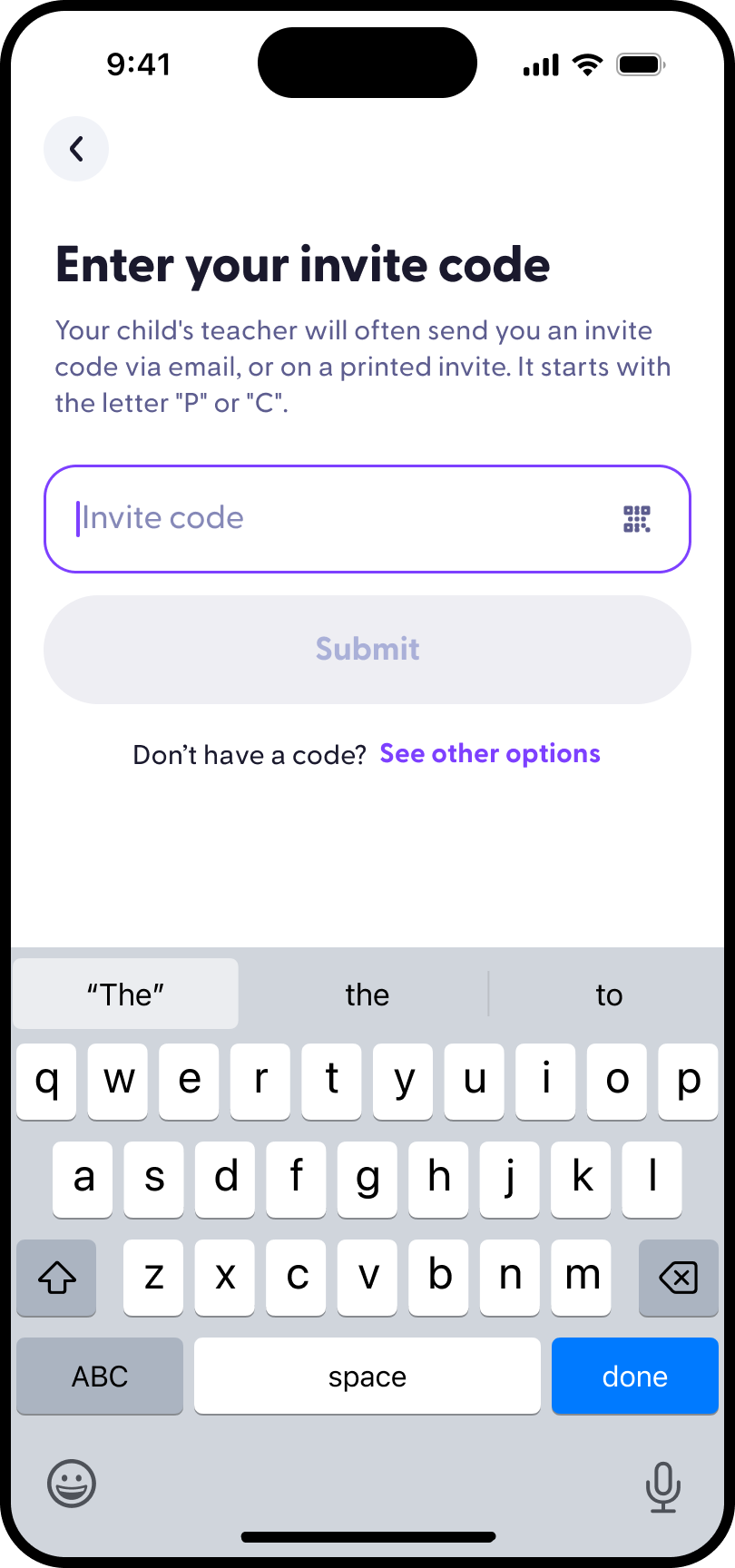 Parent signup funnel invite-code phone screen