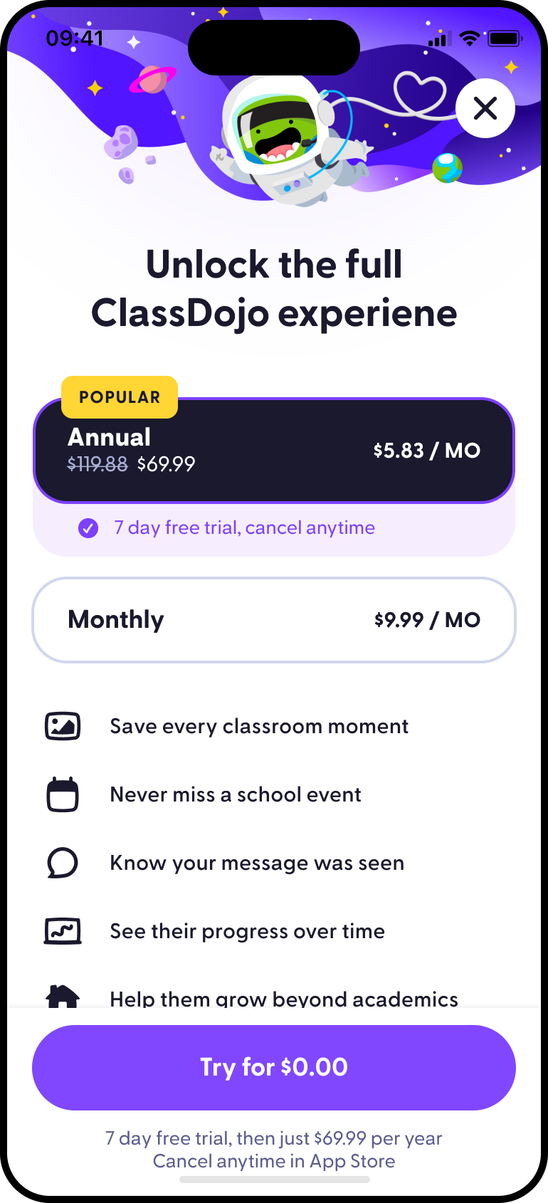 ClassDojo Plus sales page subscription screen
