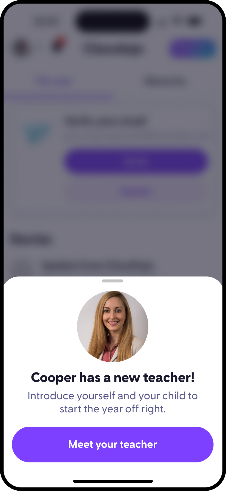 Returning parent onboarding phone screen