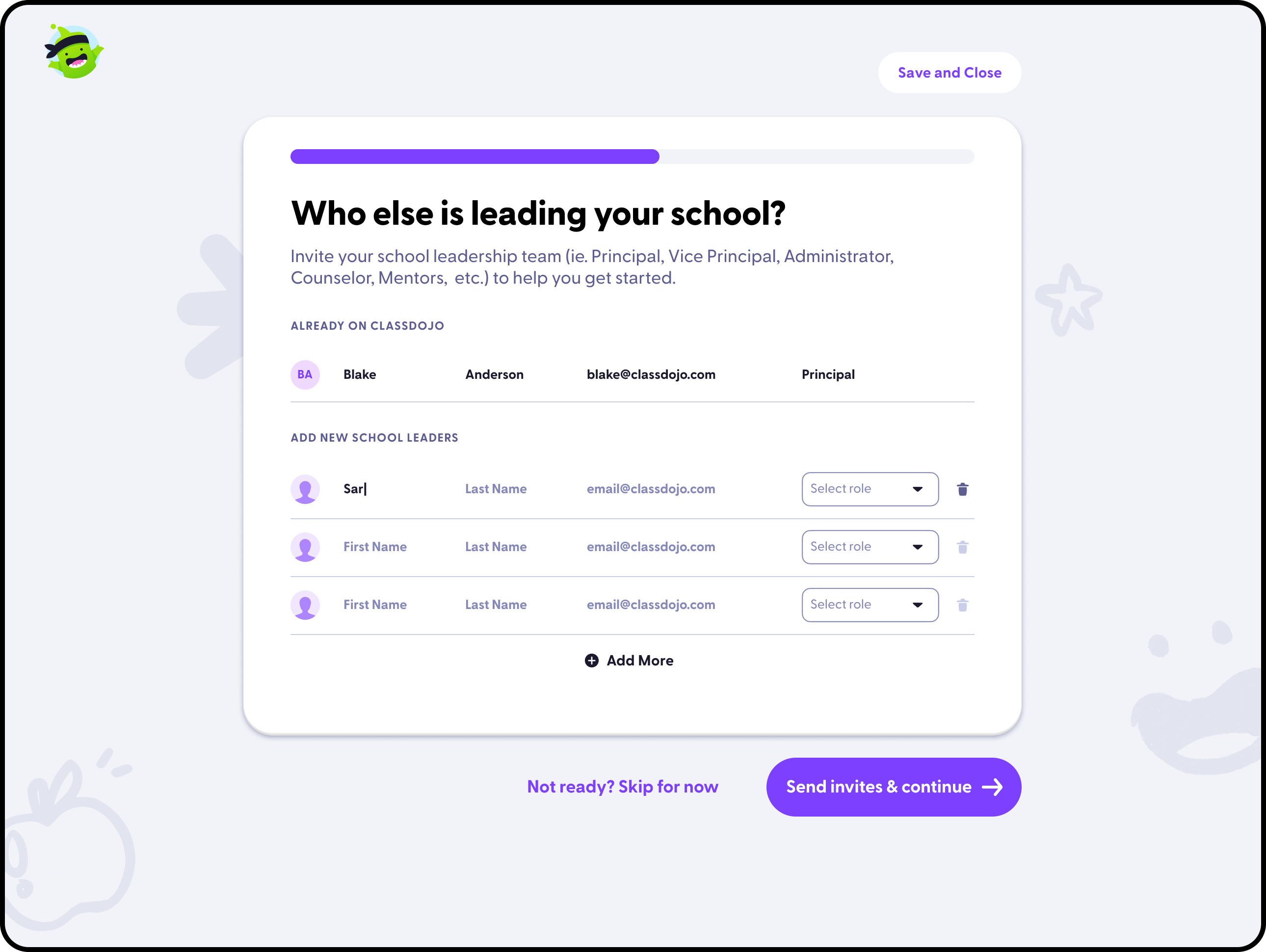 Schoolwide center leadership invite setup screen