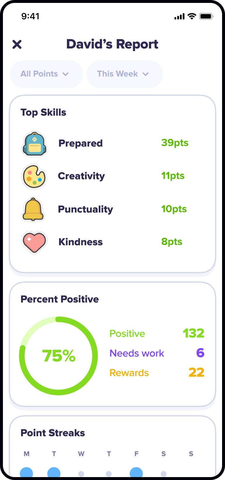 Student reports David's report iOS screen