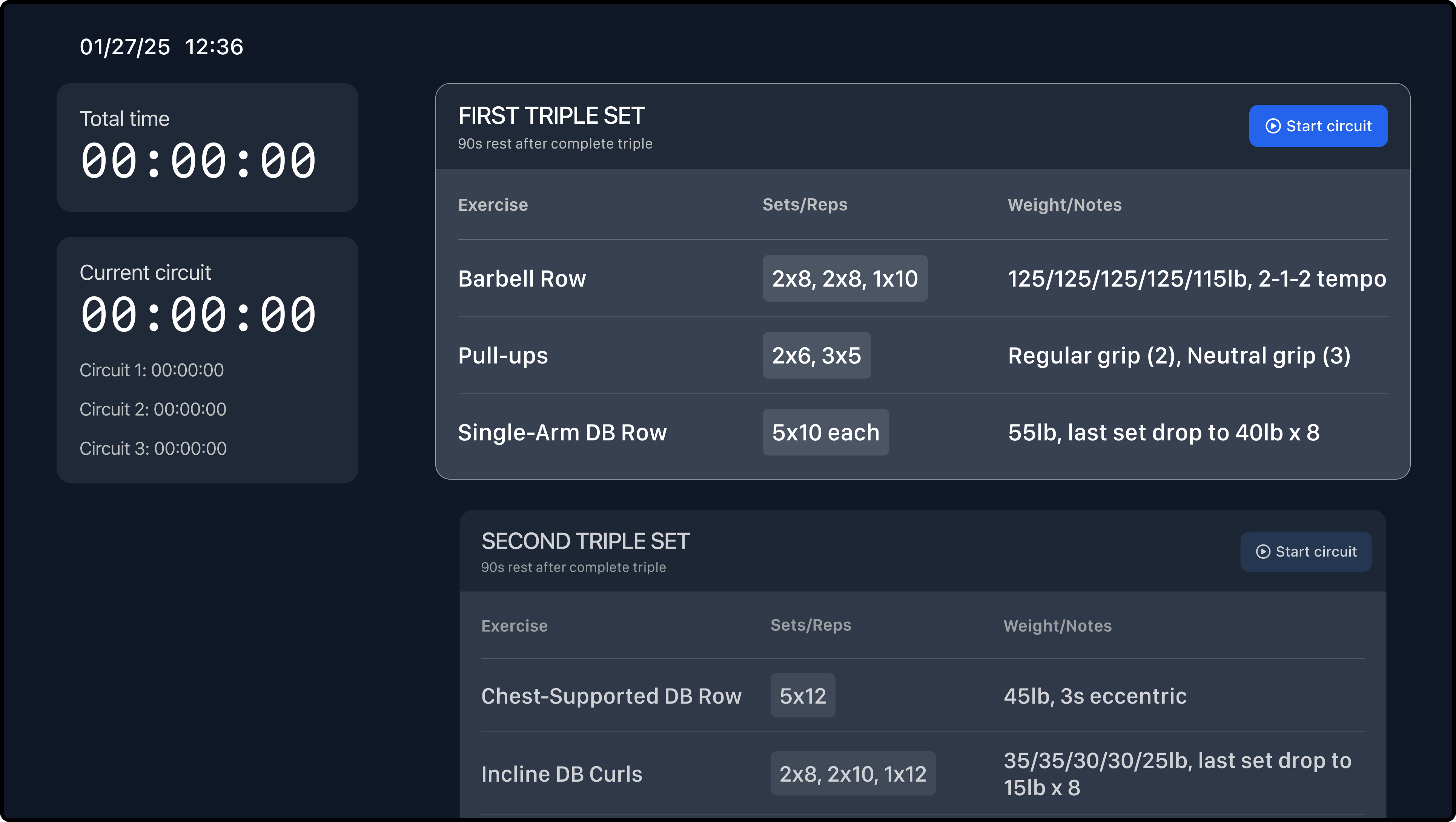 Superset workout circuit dashboard