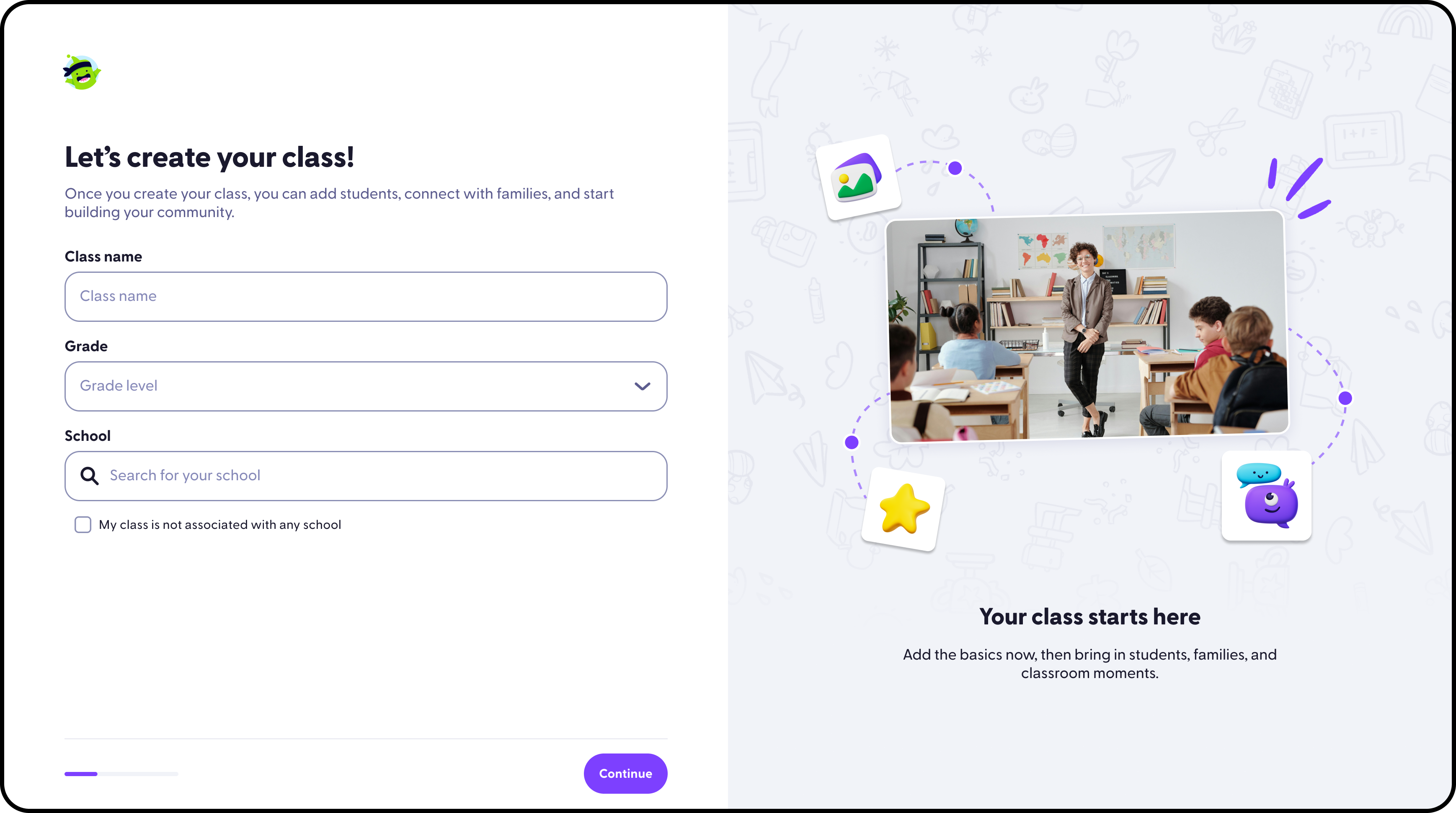 Teacher Web onboarding create class screen